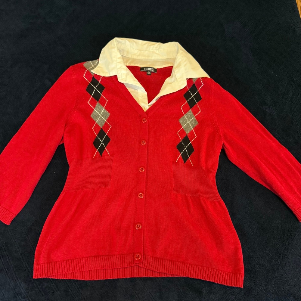 Y2K Argyle Cardigan Red Preppy Academia Sweater Button‎ Front Petite
